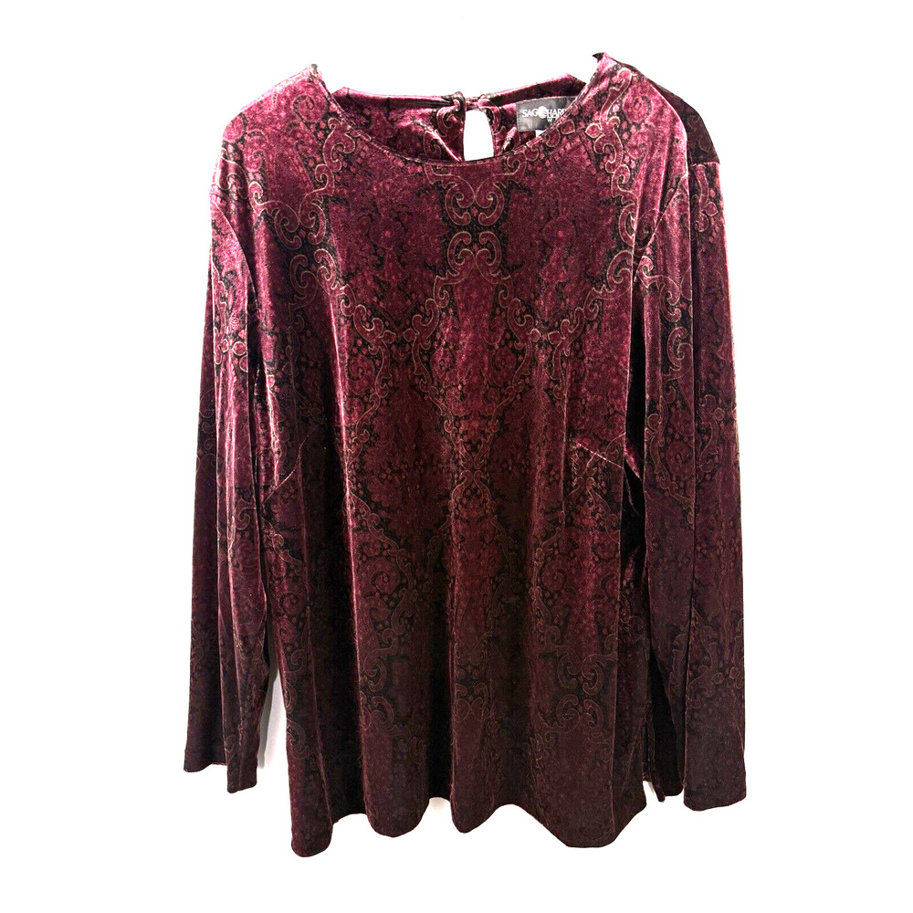 Sag Harbor Velour Velvet Tunic Top 1X Long Sleeve Burgundy Red Holiday‎ Paisley